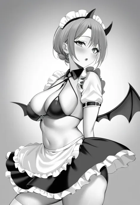 a beautiful woman,beautiful breasts,moe,succubus,bat wings on the back,,goat horns on the sides of the head,black and white stri...