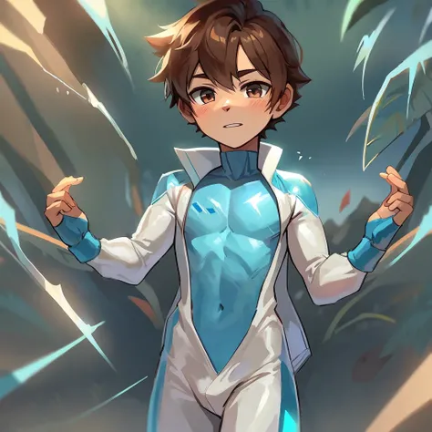 A boy with an ice suit and brown hair and a blue ribbon on his chest