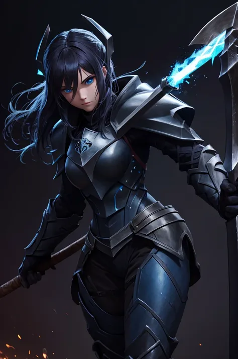 knightgirl, dark armor with blue flames, holding an ax decorated with lightning