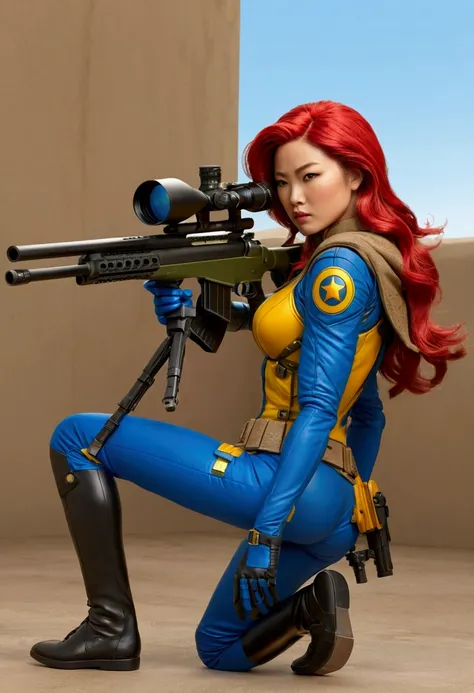 aiming Sniper, by Frank_Cho, comic style, full body, cinematic still, (best quality, masterpiece), very aesthetic, perfect composition, intricate details, ultra-detailed, vivid colors