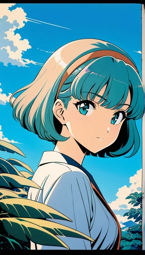 1girl, blue background, buttons, closed mouth, green eyes, hairband, looking at viewer, mj manga, official style, outdoors, plant, retro artstyle, shirt, short hair, sky, upper body, cinematic angle, cinematic lighting, masterpiece, best quality , 