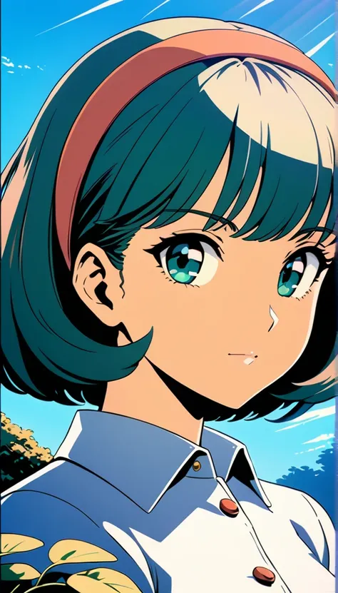 1girl, blue background, buttons, closed mouth, green eyes, hairband, looking at viewer, mj manga, official style, outdoors, plant, retro artstyle, shirt, short hair, sky, upper body, cinematic angle, cinematic lighting, masterpiece, best quality , 