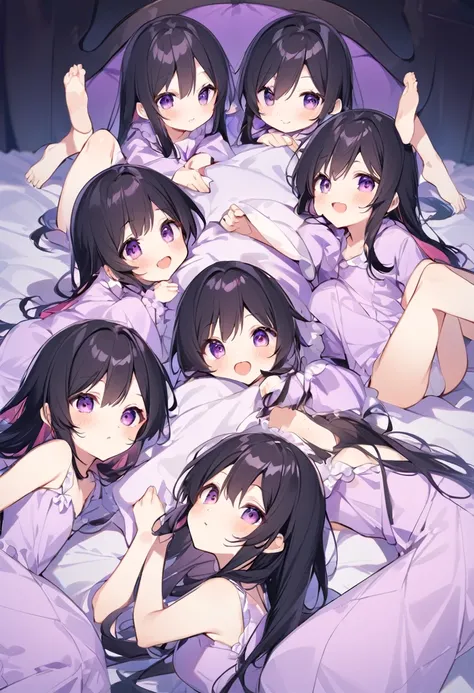 Keito。Purple pajamas。Purple Eyes。Black Hair。Six Barefoot Sisters。Both of them have light purple hair.。all female。Sextuplets。Purple bed