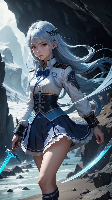 (Bright colors, cinematic feel, increased detail, extreme detail, sharp focus), full body,. Two swords, the blades are long and curved, and the sharp edges are flowing with ice-blue light. The bottom of the sword is engraved with runes, beautiful, noble, l...