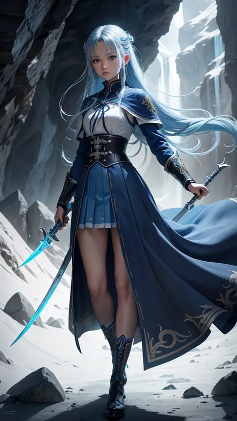 (Bright colors, cinematic feel, increased detail, extreme detail, sharp focus), full body,. Two swords, the blades are long and curved, and the sharp edges are flowing with ice-blue light. The bottom of the sword is engraved with runes, beautiful, noble, l...