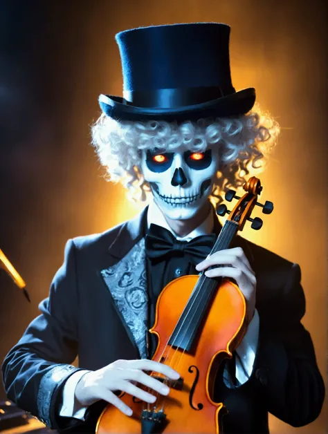 solo, looking at viewer, blue eyes, long sleeves, 1boy, hat, holding, jacket, upper body, male focus, frills, open clothes, ascot, black headwear, buttons, glowing, instrument, glowing eyes, curly hair, top hat, music, glowing eye, playing instrument, hold...