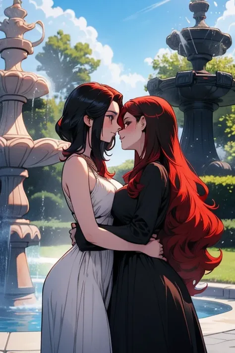 Two women. Perfect faces. Perfect hands. A red haired woman with red eyes and an hourglass figure in a pretty summer dress is kissing a black haired woman with brown eyes with an hourglass figure in a park with a big smile in front of a fountain