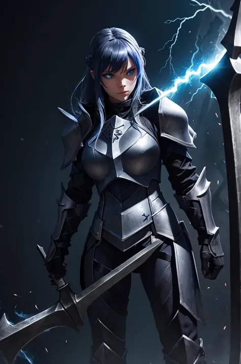 knightgirl, dark armor with blue flames, holding an ax decorated with lightning, naughty man