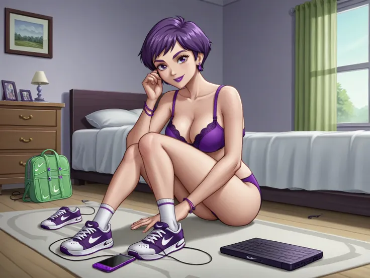 score_8_up, score_7_up, BREAK, screencap, 1girl, solo, purple hair, female, teenage, short hair, purple eyes, purple eyelids, purple eyebrows, large breast, bra size c+, full body, purple lipstick, womens plus size 18 hour ultimate shoulder comfort wireles...