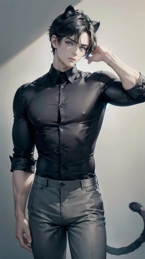 Masterpiece, Superior picture quality, high resolution, 4K images, man ,black short hair ,white skin, Dark blue eyes, Very detailed eyesight, height, The body is muscular.,  black shirt, Grey pants, It has the ears and tail of a panther. 