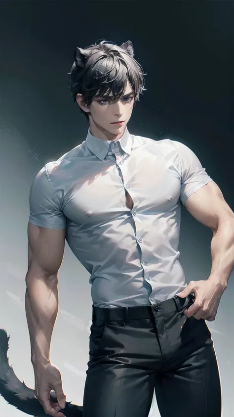 Masterpiece, Superior picture quality, high resolution, 4K images, man ,black short hair ,white skin, Dark blue eyes, Very detailed eyesight, height, The body is muscular.,  black shirt, Grey pants, It has the ears and tail of a panther. 