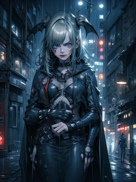 a girl in a batsuit, standing confidently on a rain-soaked street in gotham city at night, her stern expression and billowing ca...