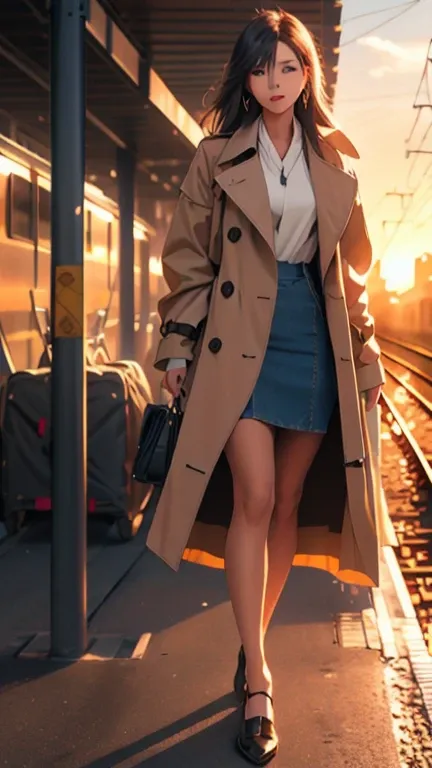 style by cut,Dough, 1 girl, plein-air, standing alone, sunset, tissue, duffel bag, Scenario, railRoadside tracks, trench coat, sky, overskirt, standing, long hair, gram, energy lines, land vehicle, natta, moutain, pantyhose, Bblack hair, Roadside, chestnut...