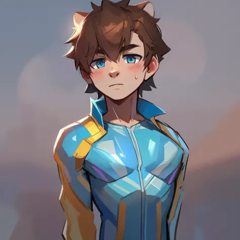 A boy with an ice suit and brown hair and blue ribbon on his chest and ice background