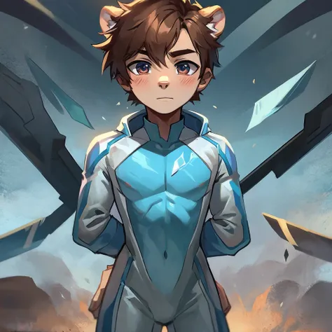 A boy with an ice suit and brown hair and blue ribbon on his chest and ice background