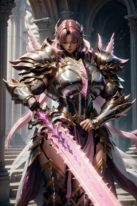 (((Massive beautiful, buff, light brown skinned muscular female saint knight with shocking pink hair, black lipstick, ginormous bulky muscles, carrying a giant sword and wearing a pink Saint Seiya Gemini Armor))), ((close-up view)), large breast, massive m...