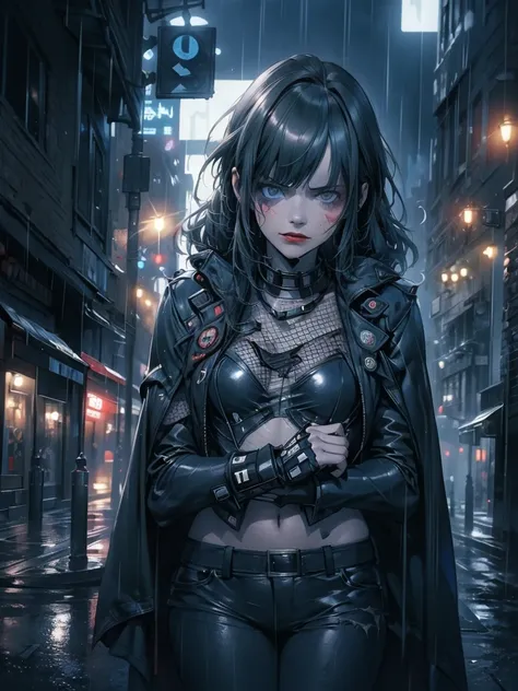 A girl in a Batsuit, ultra-detailed, 8k, hyper realistic, cinematic lighting, dramatic angles, moody colors, masterpiece, standing confidently on a rain-soaked street in Gotham City at night, stern expression, billowing cape, gritty dystopian atmosphere, n...