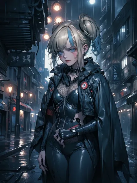 A girl in a Batsuit, ultra-detailed, 8k, hyper realistic, cinematic lighting, dramatic angles, moody colors, masterpiece, standing confidently on a rain-soaked street in Gotham City at night, stern expression, billowing cape, gritty dystopian atmosphere, n...