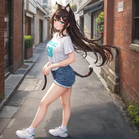 A cute girl walking in an alley, anime girl, outside, daylight, people on the street, she looks around the alley, small white t-shirt, t-shirt printed with an "I love U" heart, jean shorts, mini shorts, tight sexy clothes, short white socks, black and whit...