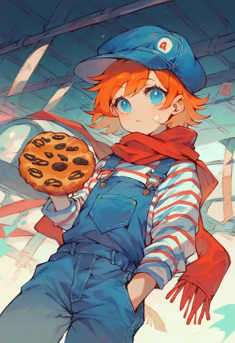 Hard  candy cookie , Orange  hair Style  ,Train pilot Clothing  ,Striped shirt , pilot hat ,pants overalls  ,scarf ,CookieRun style ,solo ,BLUE pupils 