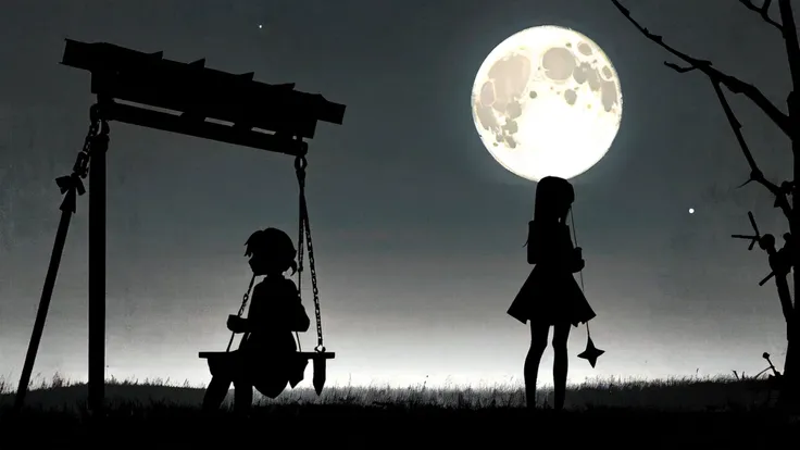 Eerie Illustration.
Make a night view of a park on a star-filled night.
A girl with long, straight hair sits on a swing in the corner of the screen, silhouetted against a large crescent moon.
There is other playground equipment.
The mood should be mysterio...