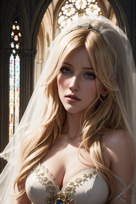 36k, portrait Ellie Goulding, wearing breasts veil bride costume, against the background of Notre Dame Cathedral, character portrait, 8 9 9 0 s, long hair, intricate, elegant, highly detailed, digital painting, artstation, concept art, smooth, sharp focus,...