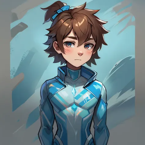 A boy with an ice suit and brown hair and blue ribbon on his chest and ice background