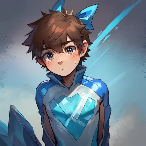 A boy with an ice suit and brown hair and blue ribbon on his chest and ice background