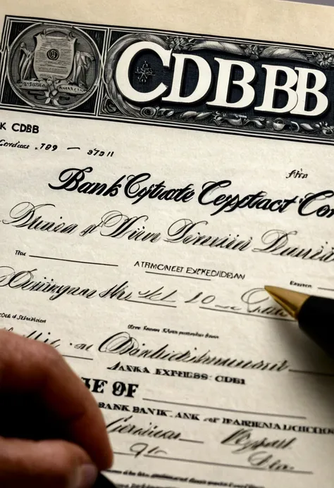 "A close-up shot of a bank certificate of deposit (CDB) contract being signed by a person (mid-30s, focused expression) with a bank logo in the background. --ar 16:9"