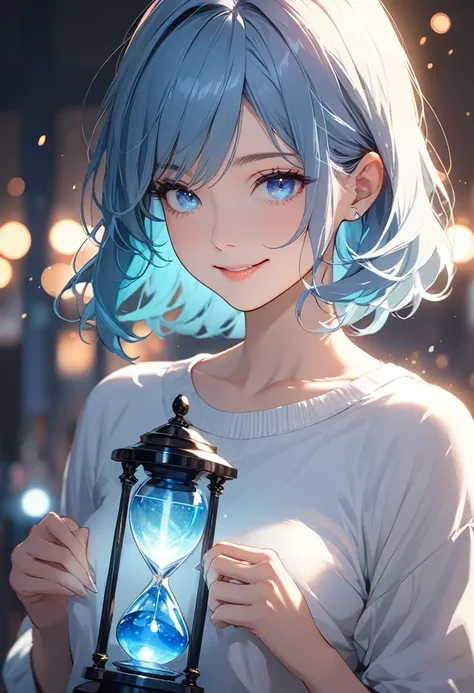 (masterpiece:1.5),(Beat quality),(high res),1girl solo,beautiful face,smile(shining eyes),upper body,light effects,Blue-haired woman in casual clothes,Blue Hourglass