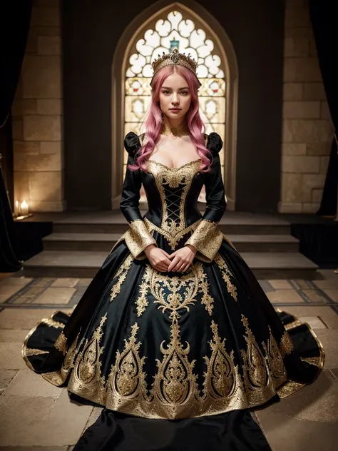 [[[Fisrt hot pink and black medieval long sleeved royal dress with ruffles and puff  and Second gold and white long sleeved medieval royal dress with ruffle and puff]]], royal prom, just the dresses, professional photography, medieval background, highly de...