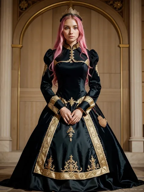 [[[Fisrt hot pink and black medieval long sleeved royal dress with ruffles and puff  and Second gold and white long sleeved medieval royal dress with ruffle and puff]]], royal prom, just the dresses, professional photography, medieval background, highly de...