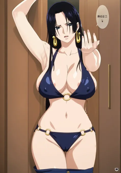 score_9, score_8_up, score_7_up, source_anime,masterpiece,best quality,highres,absurdres,official art,official style,source_anime,anime screencap,anime coloring,megami magazine,anime,animated,explicit,boa_hancock,long hair, black hair, earrings, large brea...