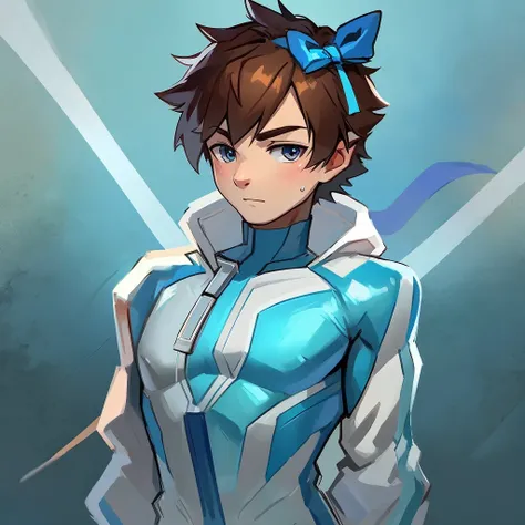 A boy with an ice suit and brown hair and blue ribbon on his chest and ice background