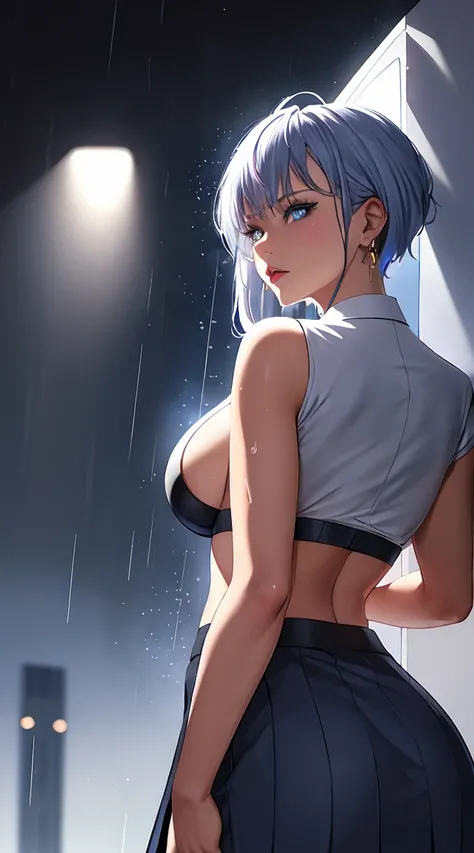 (best quality:1.5, highres, UHD, 4K, detailed lighting, shaders), white and blue haired, gradient hair, large breasts, suit, gray shirt, social shirt, short skirt, mature woman , (pov), white background, colorful eyeshadow, dramatic lighting, sparkling eye...