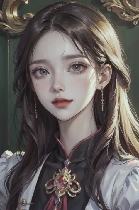 Id like a headshot portrait of a Noble girl, around 21 years old, with rosy gold wavy hair, Padparadscha sapphire doe eyes, and porcelain skin. , cute and delicate appearance with an elegance on it. The portrait should be in a semi-realistic style, resembl...