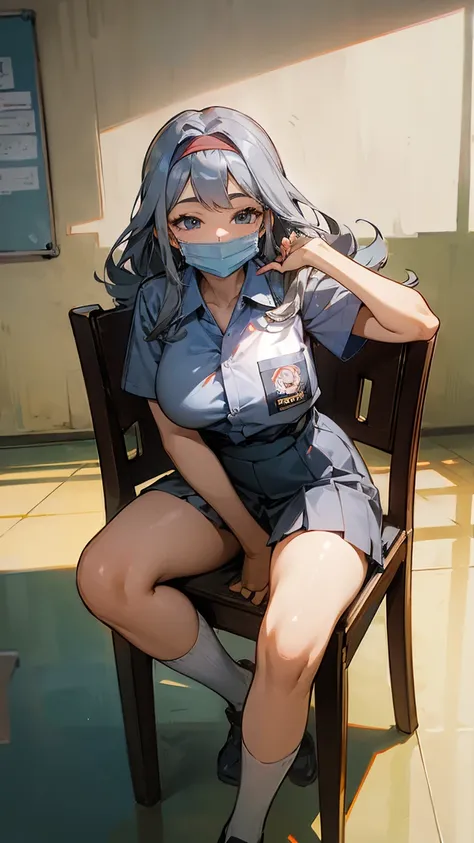 1 woman, 17 years old, (long curls, grey hair), scared face expression, plump body, blue eyes, Indonesian high-school uniform, (smile:1.4), osis logo on shirt pocket, huge XL breasts, light-grey pleated skirt, sitting on a chair, seductive pose, full body ...