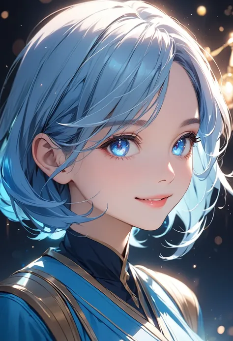 (masterpiece:1.5),(Beat quality),(high res),1girl solo,beautiful face,smile(shining eyes),upper body,light effects,Blue hair and blue clothes woman,Blue Hourglass