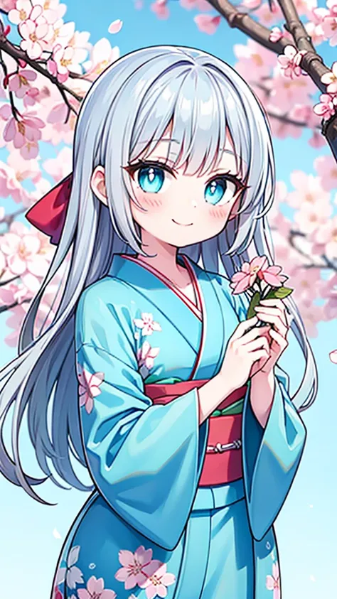 Silver Hair、Cherry blossom background、Cyan pupils、Light blue kimono、Young Girl、smile