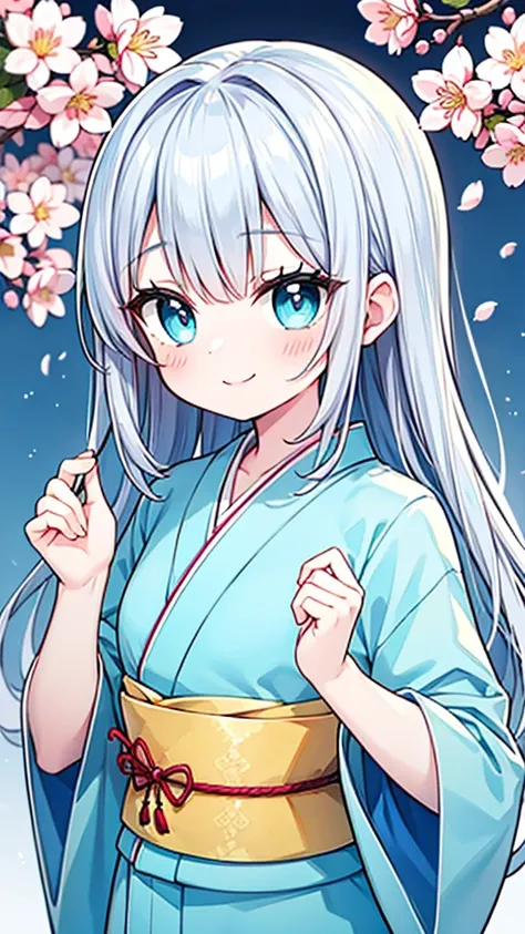 Silver Hair、Cherry blossom background、Cyan pupils、Light blue kimono、Young Girl、smile