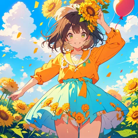 kawaii, anime, Cute, hyper quality, highly detailed, 8k, Clarity, dark brown long hair, smile, green eyes, western chrysanthemum, small marigold flower garden, orange chrysanthemum flower field, sit on a flowering hill, colorful balloons, balloons are flyi...