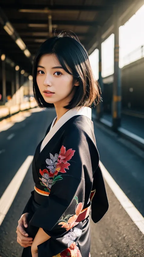 A 20-year-old Japanese supermodel girl，black hair，Ukiyo-e kimono，Japan Highway Background，a ray of light，Beautiful facial lighting，Large，Photographed by Yui Aragaki，6 o&#39;clock