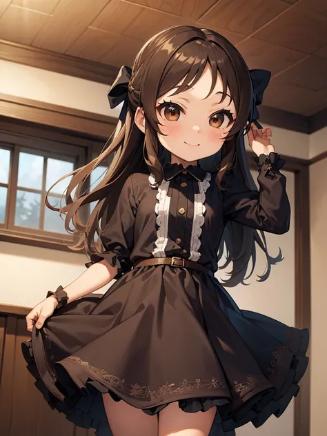 masterpiece, best quality, tachibana arisu, solo, (petite), brown eyes,brown hair,half updo,hair bow,
 smile, standing, gothic l...