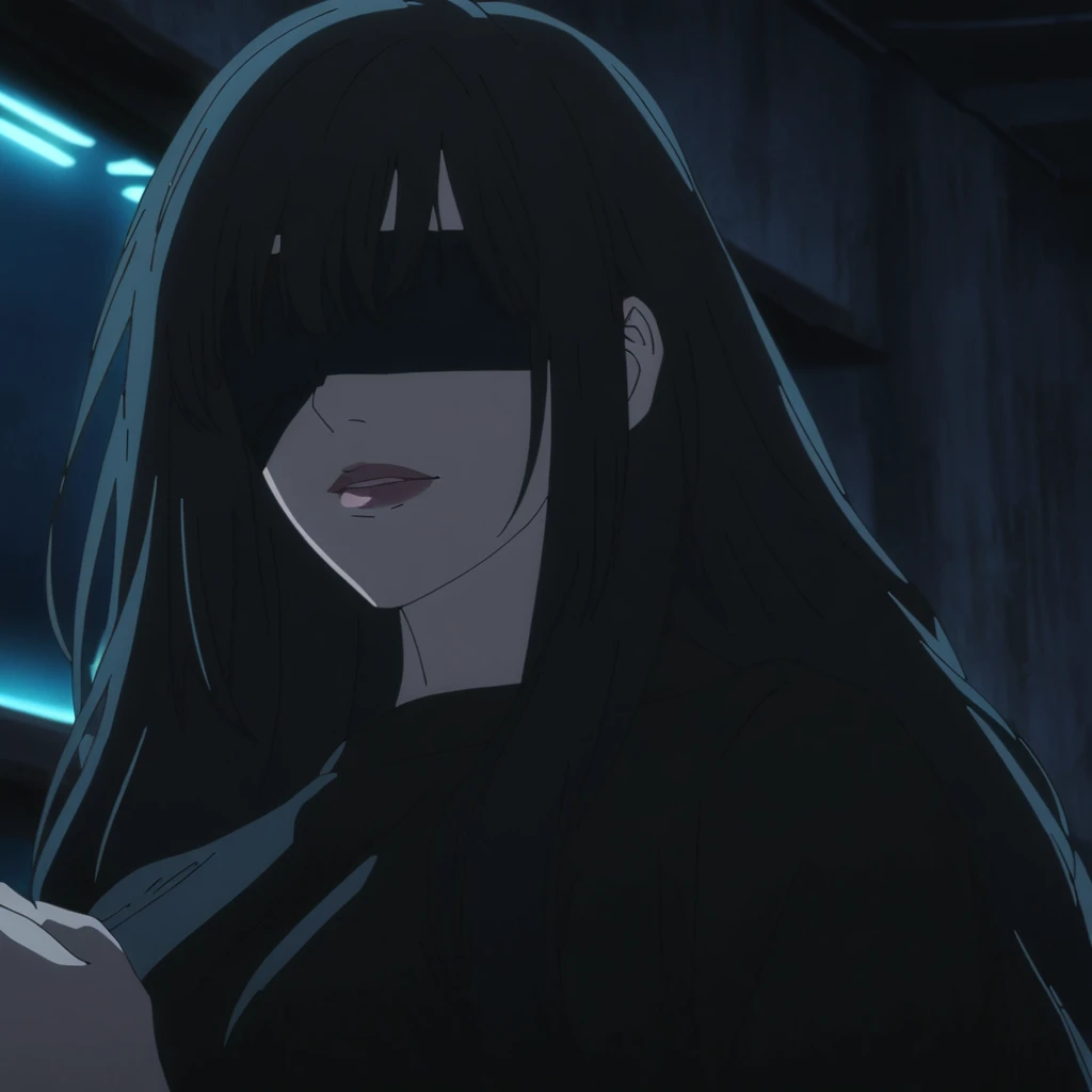 1girl, female gojo satoru, anime screencap from jujutsu kaisen, gojo satoru female version, solo, very long_hair, ((smooth texture hair)) ((black blindfold)), ((very long black_hair)), night view, breasts, upper_body, smile, indoors, book, bangs, lips (( v...