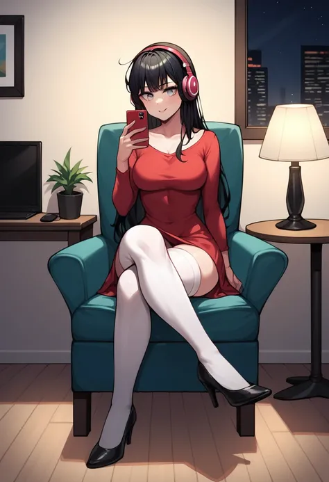 score_9, score_8_up, score_7_up, score_6_up, score_5_up, score_4_up, source_anime, 1woman, sit, chair, table, black hair, headphones, smartphone, listening music, watching smartphone, long hair, white eyes, messy hair, red dress, white stockings, crossed l...