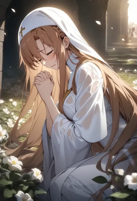 masterpiece, best quality, very aesthetic, absurdres, 1girl, mature_lady,nun_clothes,black_and_white_clothes, nun_headcovering crucifix, praying, interlocked fingers,closed_eyes,tears_in_eyes, head down,holy_light ,bathed in divine light,,asuna_(sao), swor...