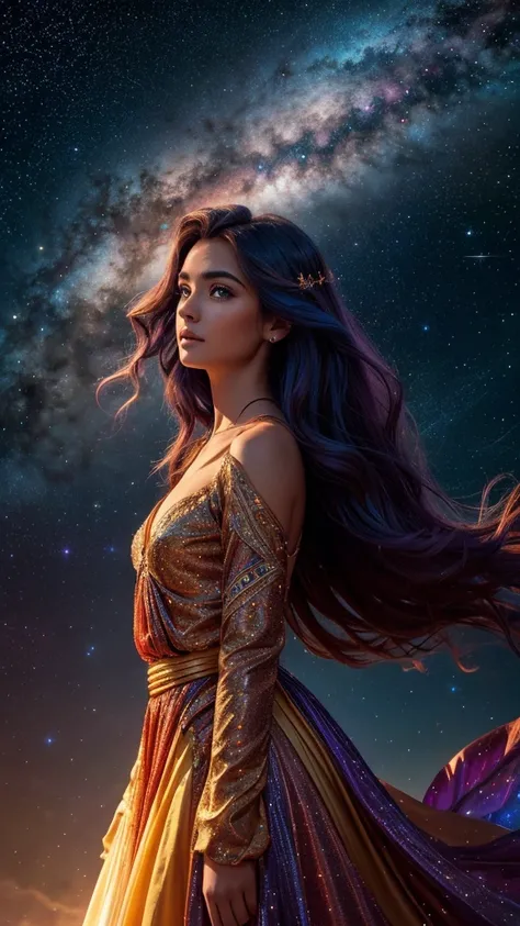 Envision a celestial being, a woman whose dress and hair are made of cosmic elements, standing on a cliff against a backdrop of the starry night sky. Her gown flows and undulates with the vibrant colors of a nebula, blending fiery oranges, reds, and yellow...