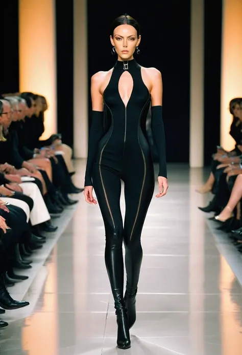 A woman walking down the runway in a black dress, Thierry Mügler, Fashion Model, attractive runway model, AEON Flux Style Mix, Tight fitting black clothing, Fashion Runway, Style、A blend of eternal flow, y2k style, y2k style, wearing black tight clothes, S...