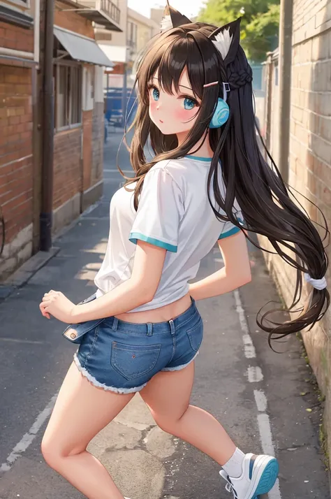 A cute girl walking in an alley, anime girl, outside, daylight, people on the street, she looks around the alley, she looks ahead, small white t-shirt, t-shirt printed with an "I love U" heart, jean shorts, mini shorts, tight sexy clothes, short white sock...