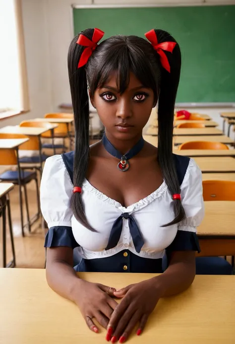 (​masterpiece:1.2, best quality), 1 Dame, alone, , classroom, day, Sit, bionde, Twin tails, red eye, open cooperation, darkskin, (open breasts:1.1),